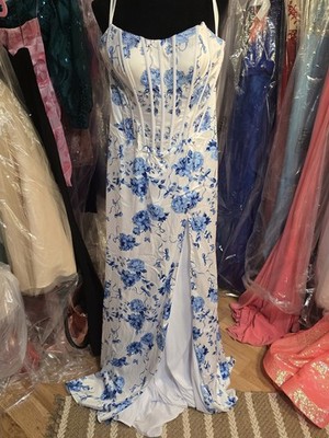 Stacey's Prom Formal White Blue Floral Satin Gown Sweetheart  Strapless Sz 6
