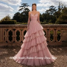 Strapless Ruched Tiered Lace Tulle Mermaid Evening Dress Blush Formal Party Gown