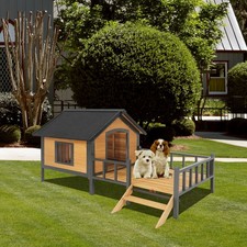Wooden Dog House Outdoor with Porch, Unique All-Around Iron Frame Cabin Style