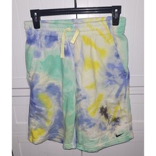Nike Big Boys Fleece Tie Dye Shorts Blue Yellow Green XL Swoosh Logo Drawstring