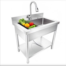 29.5" Stainless Steel Sink Commercial Kitchen Single Bowl Sink Cold Hot Faucet
