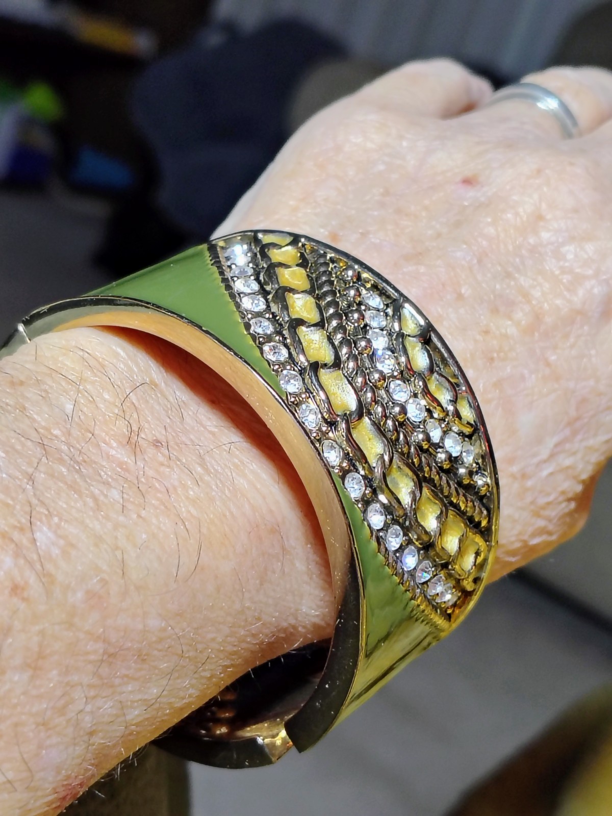 Green Enamel Rhinestone Statement Cuff Bracelet G… - image 11