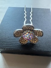 Vintage Dazzling Silver Flower Hair Pin Adorned With Shimmering Bronze Crystals
