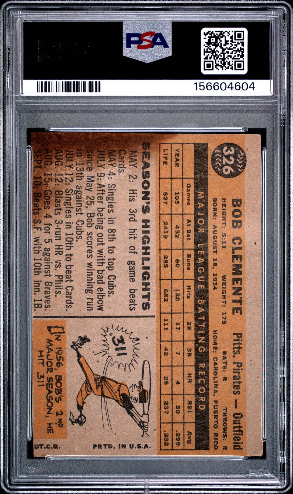 1960 TOPPS #326 BOB CLEMENTE PSA 1 view 2