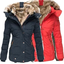 Women’s Winter Hooded Coat – Warm Fur Collar Cotton Jacket with Zipper