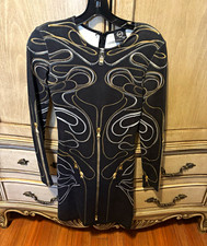 Alexander McQueen Black/Gold Abstract Long Sleeve Bodycon Short Dress XS