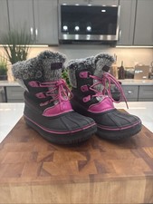 London Fog Tottenham Youth Size 4 Faux Fur Lined Black Pink Gray Duck Snow Boots