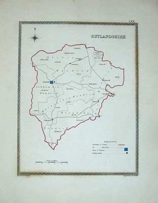 Alter antiker Druck topographische Karte England Rutlandshire Oakham Tinwell