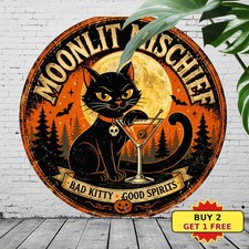 Halloween Black Bad Kitty Signs Decor Round Humorous Cat Metal Sign 8x8