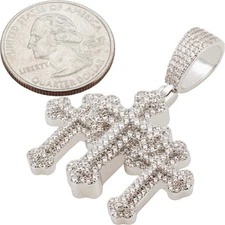 14k White Gold Plated AAA Cubic Zirconia Triple Cross Pendant