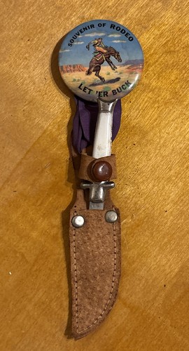 1960s Let Er Buck Souvenir Of Rodeo Pin RIBBON w/KNIFE & Sheath PIN & Button