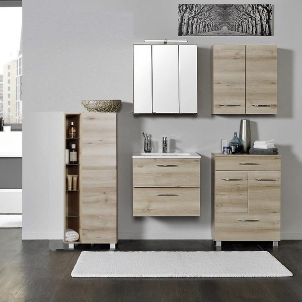 Komplett BadezimmermöBel Set Buche 60Cm Waschtisch & Led Spiegelschrank BadmöBel-image