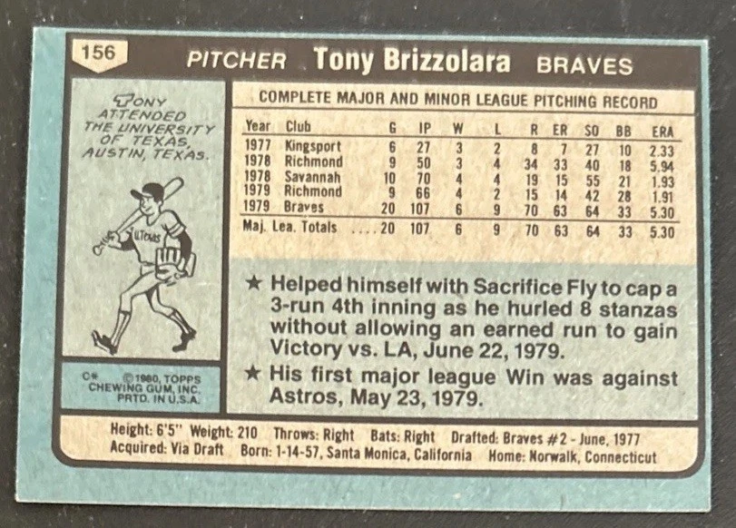 1980 Topps Tony Brizzolara Baseball Rookie (RC) Card #156 Braves Pitcher VG O/C - Image 2 of 2