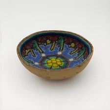 Vintage Folk Art Gourd Bowl Beaded Art Huichol Style Hand Made Native Art