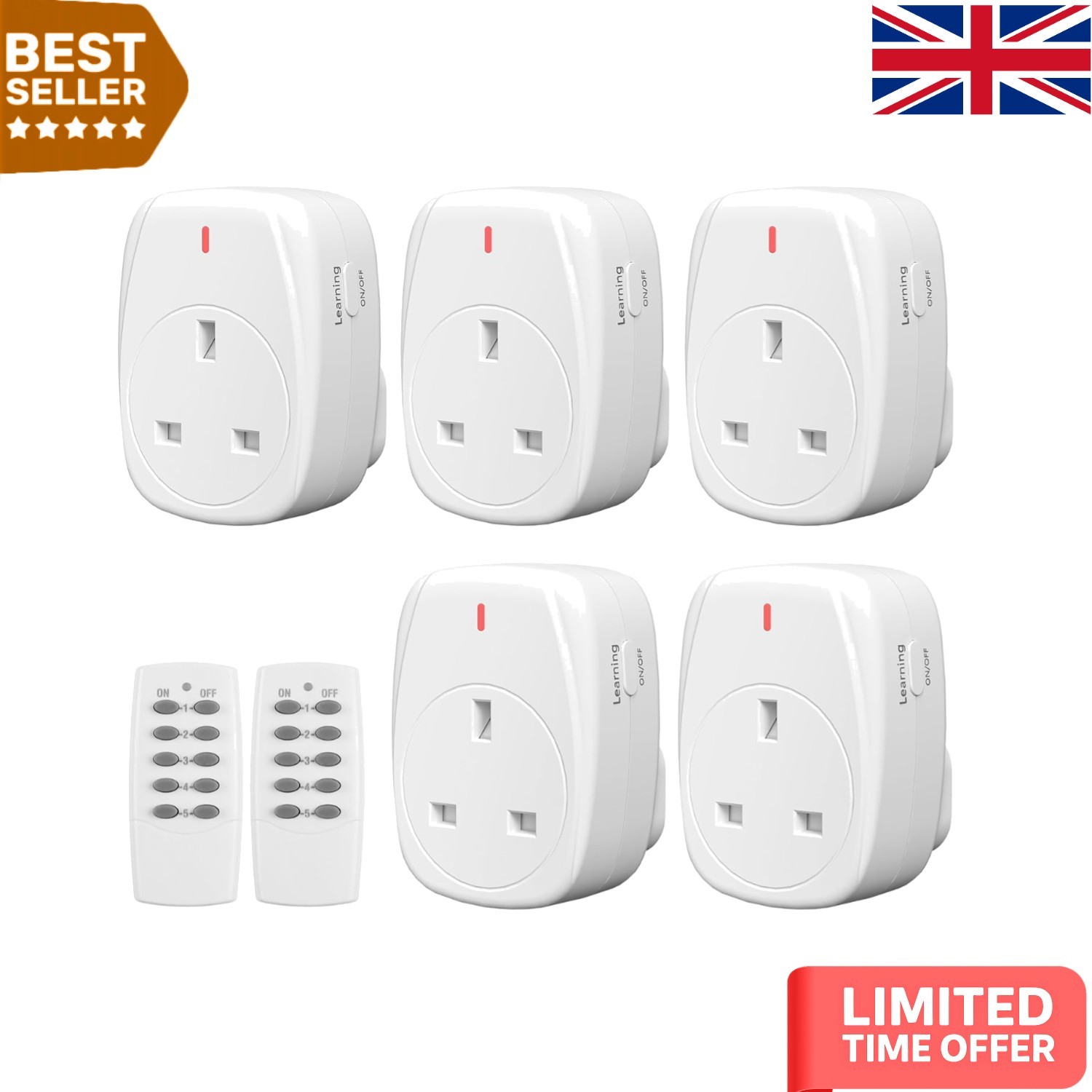 13A Wireless Remote-Controlled Outlet Sockets - 5 Pack with 2 Remotes Included