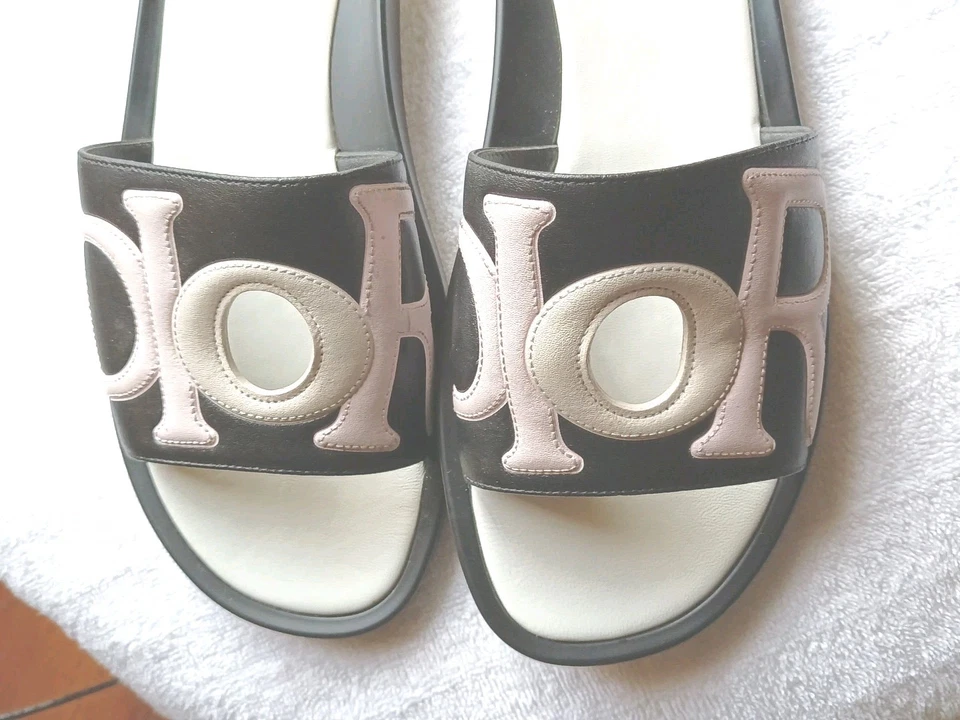 Christian Dior Marina Negro/Rosa Negro Logo Slides, Talla 39/9 Foto 4 de 4