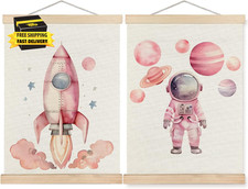 Pink Space Wall Art, Space Nursery Poster Hanger Frame, Cosmic Planets Rocket As