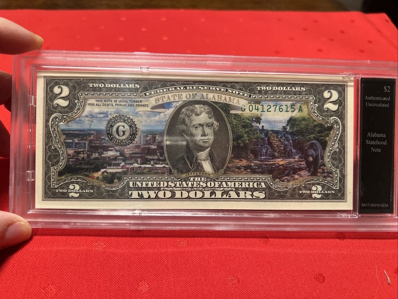 Alabama Two Dollar $2 Dollar Note Colorized from Bradford Exchange Uncirculated