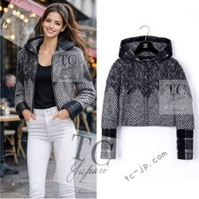 CHANEL 16B Grey Black Herringbone Pattern Mohair Alpaca Hood Jacket 34 38 US2 6