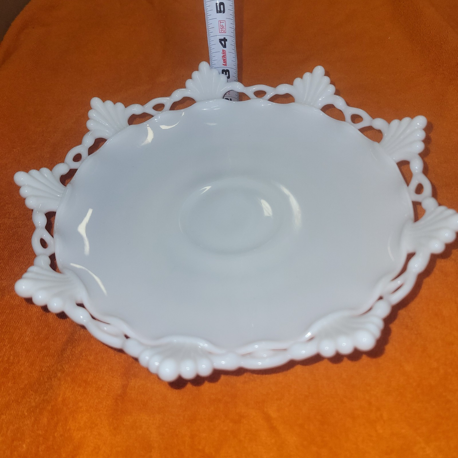 Vintage White Milk Glass Fruit / Cake Dish with pedestal, decorative edge, 10.5"