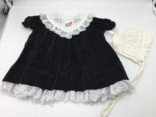 Vintage Infant Dress,Black Felt W/ Lace Trim White Bonnet 3-6 Mths