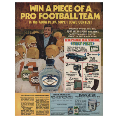 1970 Aqua Velva: Win Piece Pro Football Team Vintage Print Ad