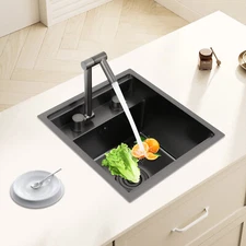 Stainless Steel Hidden Kitchen Square Sink Single Bowl w/ Folding Faucet Black