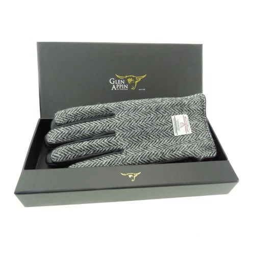 Gents Harris Tweed Black Leather Gloves Boxed in Heather LB3012-COL007 XL