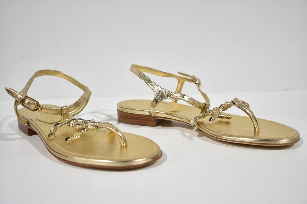 Chanel 19P Gold Metallized Lambskin CC Logo Mule Slide Flat Thong Sandal 36C