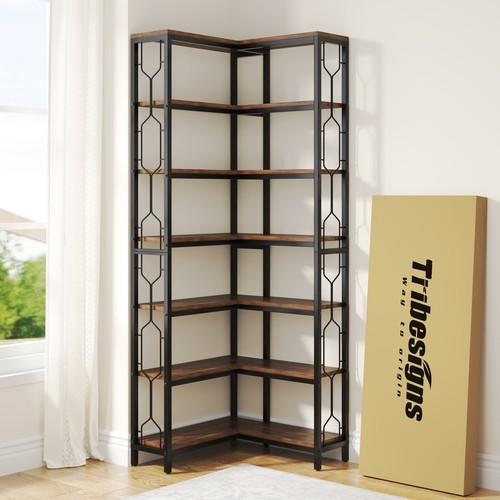 7-Tier Industrial Corner Bookshelf, Wood and Metal Corner Etagere Bookcase - Picture 12 of 12