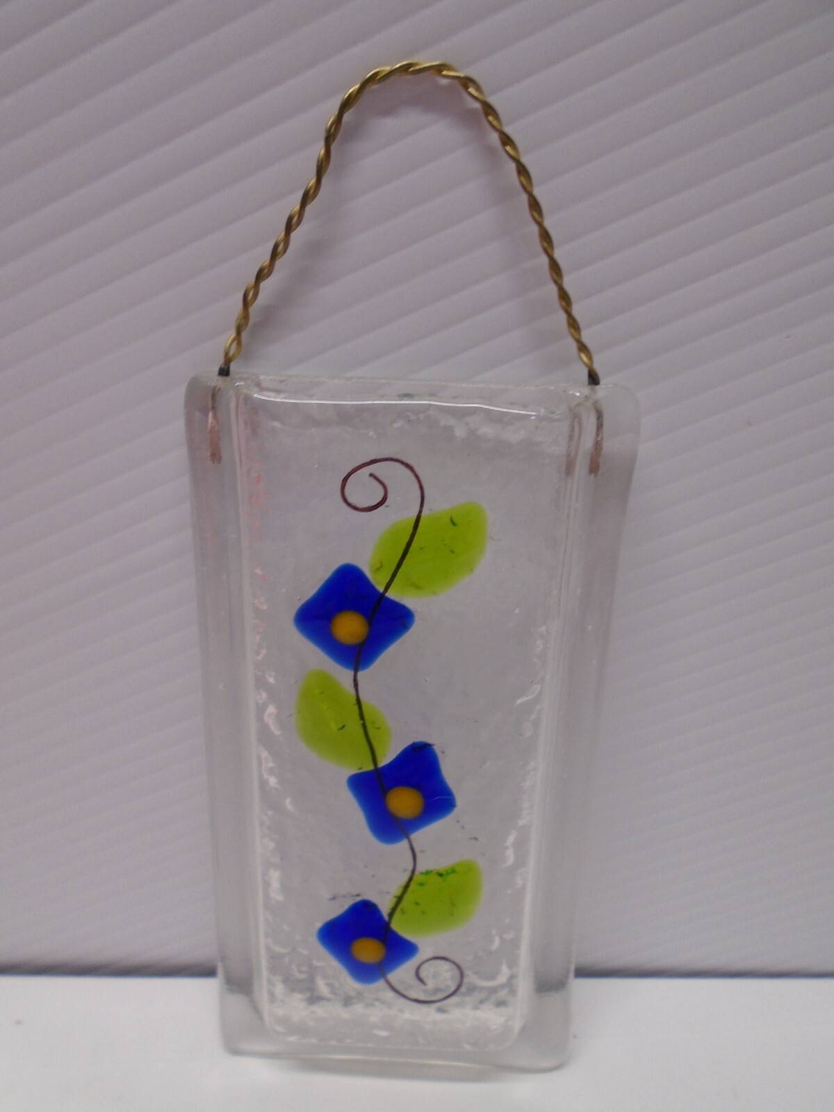 Fused Glass Hanging Vase Handmade Latta's Newport Oregon 3x6 Blue Flower Vines eBay