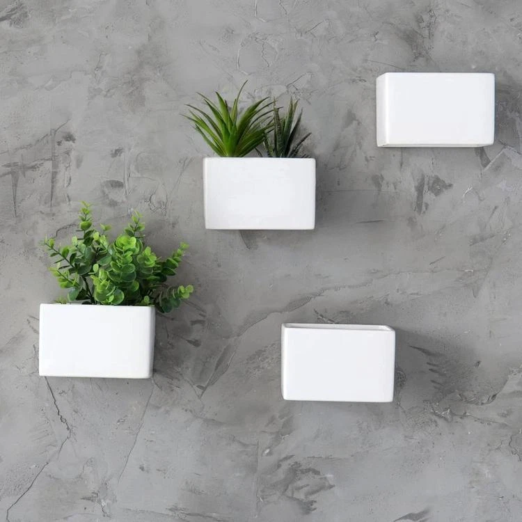 White Modern Ceramic Square Wall Hanging Succulent & Herb Planter Box, Set of 4 - Image 2 of 4