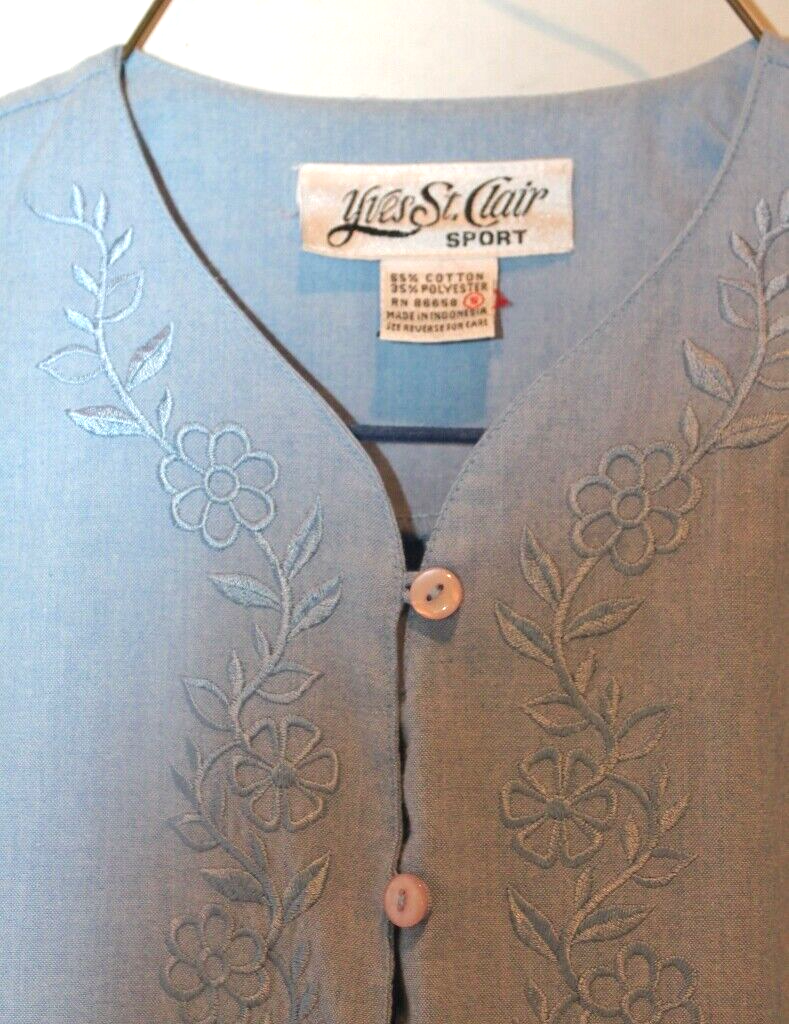 SAINT LAURENT Top camicia blusa sportiva Yves St Clair blu manica corta ricamato taglia S vintage us intime ottimeioni