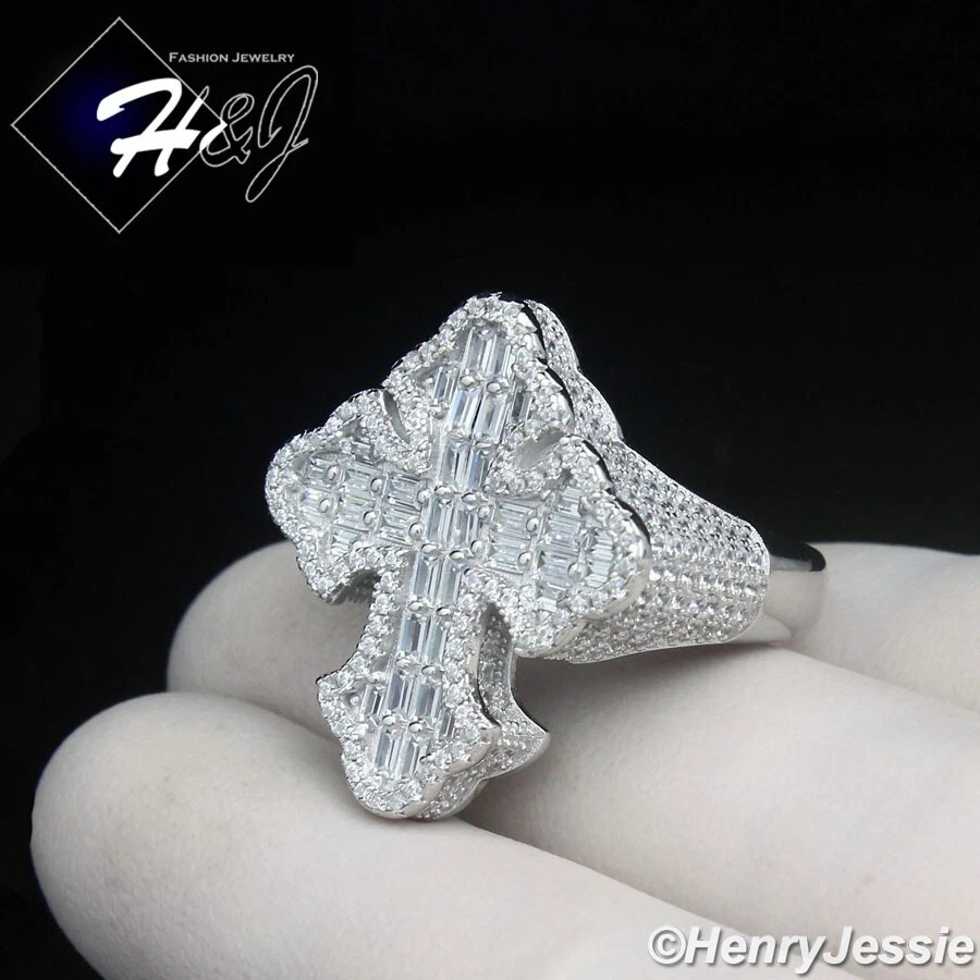 ANILLO HOMBRE SÓLIDO PLATA ESTERLINA 925 ICY BLING BAGUETTE CIRCONITA CZ FORMA CRUZ*SR236 Foto 3 de 4