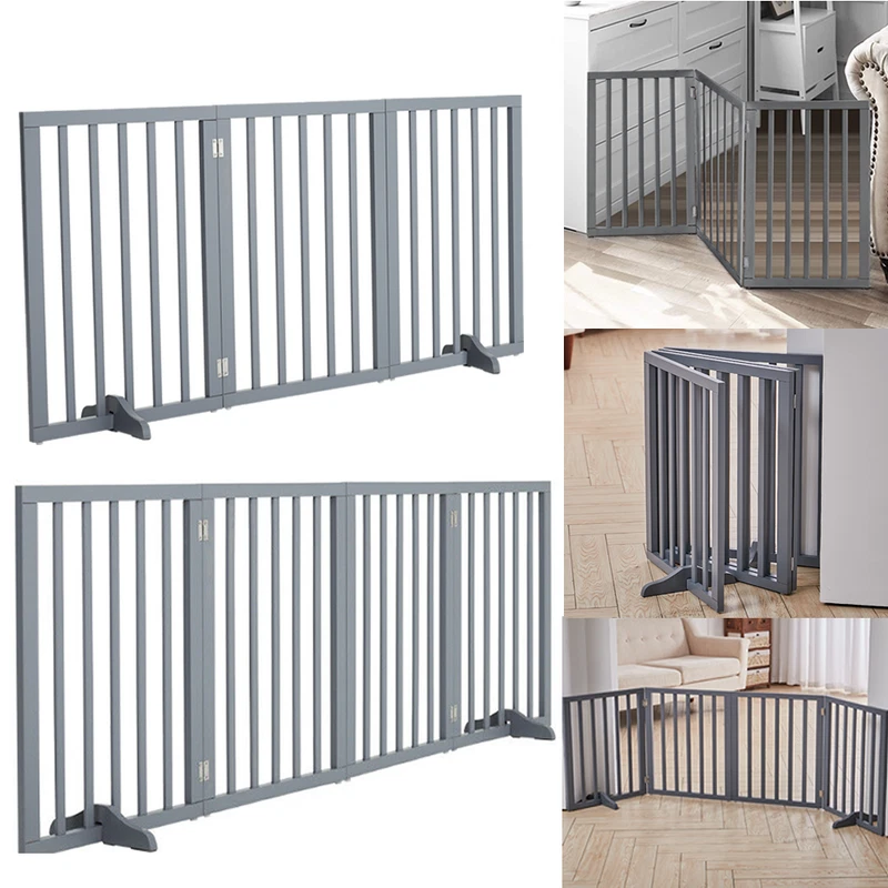 GARDEN-FANTASY Grey 3/4 Panel Baby Safety Fence Room Wooden Divider Metal Fire Gate Pet Dog Cat