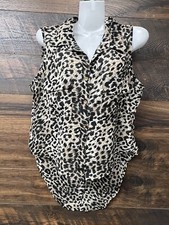 H M Semi Sheer Top Button Shirt Size M Sleeveless Collared Animal Print Cheetah