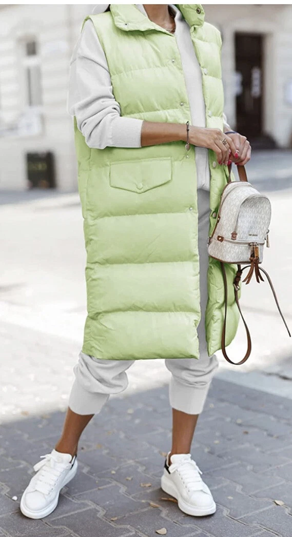 Women Long Quilted Maxi Length Sleeveless Puffer Vest XXL lime
