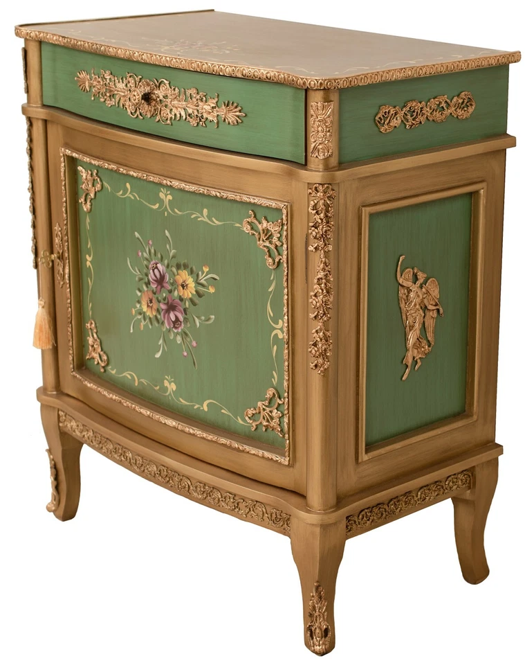Aparador Antiguo Buffet Curvo Con Una Puerta B020 / 81X47X92 Cm Verde Dorado Foto 3 de 4