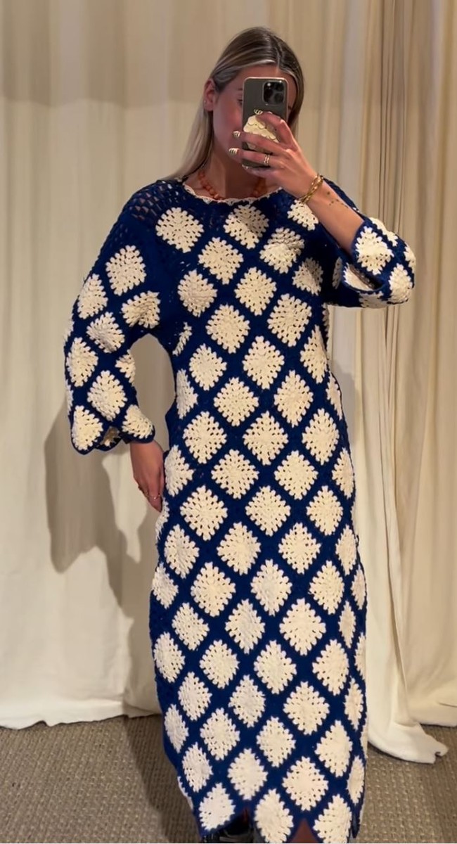 Zara Long Knit Crochet Dress Long Sleeves Blue White Size S Small 7200/018  New