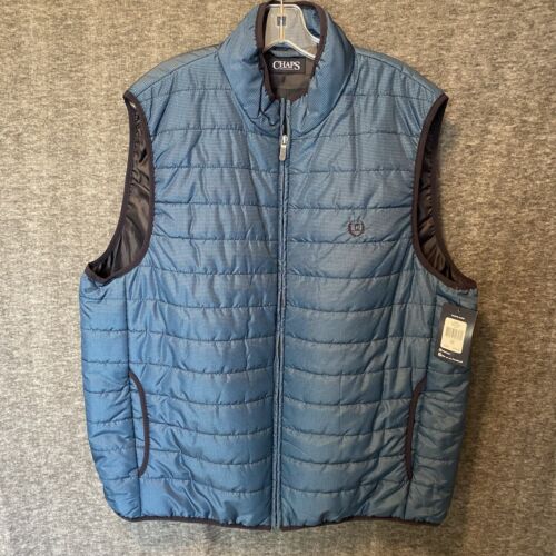 Chaps Vest Men XXL Blue Windbreaker Hiking Full Zip Pockets Quilted Packable NEW