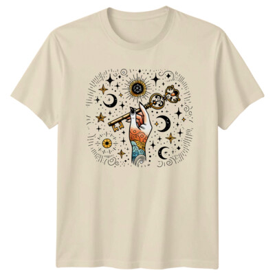 Hand Holding Key Celestial Stars & Moon Magic Mystical Art T-Shirt