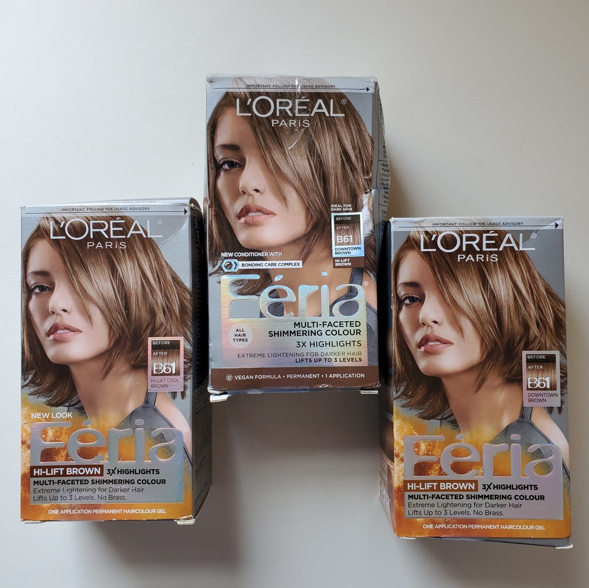 Lot 3 LOreal Paris Feria Hair Dye B61 Downtown Brown Hi-Lift Cool