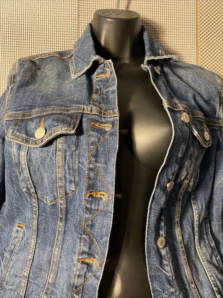 Chaqueta vaquera antigua azul marino para mujer M Flex lavado oscuro Y2K estilo camionero callejero abrigo vaquero Foto 2 de 4