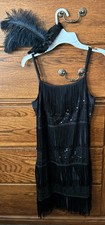 Girls Black Flapper Dress Fringe Sequin Shorts Headband Sz MA Dance Recital