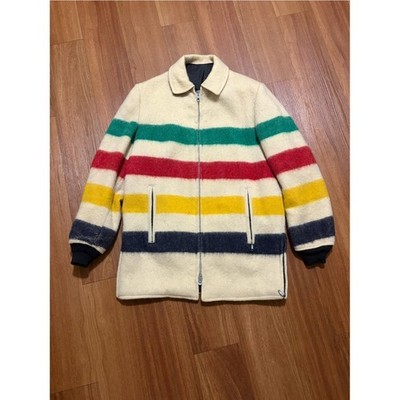 Vintage 1960s Reversible Hudson's Bay Wool Coat Striped Hooded Size 8 Women