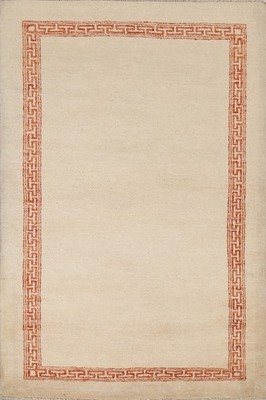 Handmade Bordered Oriental Foyer Rug 3x5 Contemporary Ivory & Rust Wool Carpet