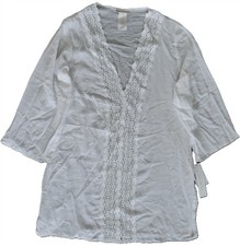 NWT LA BLANCA VNeck Tunic Swim Cover Up White M Crochet Lace Cotton Gauze