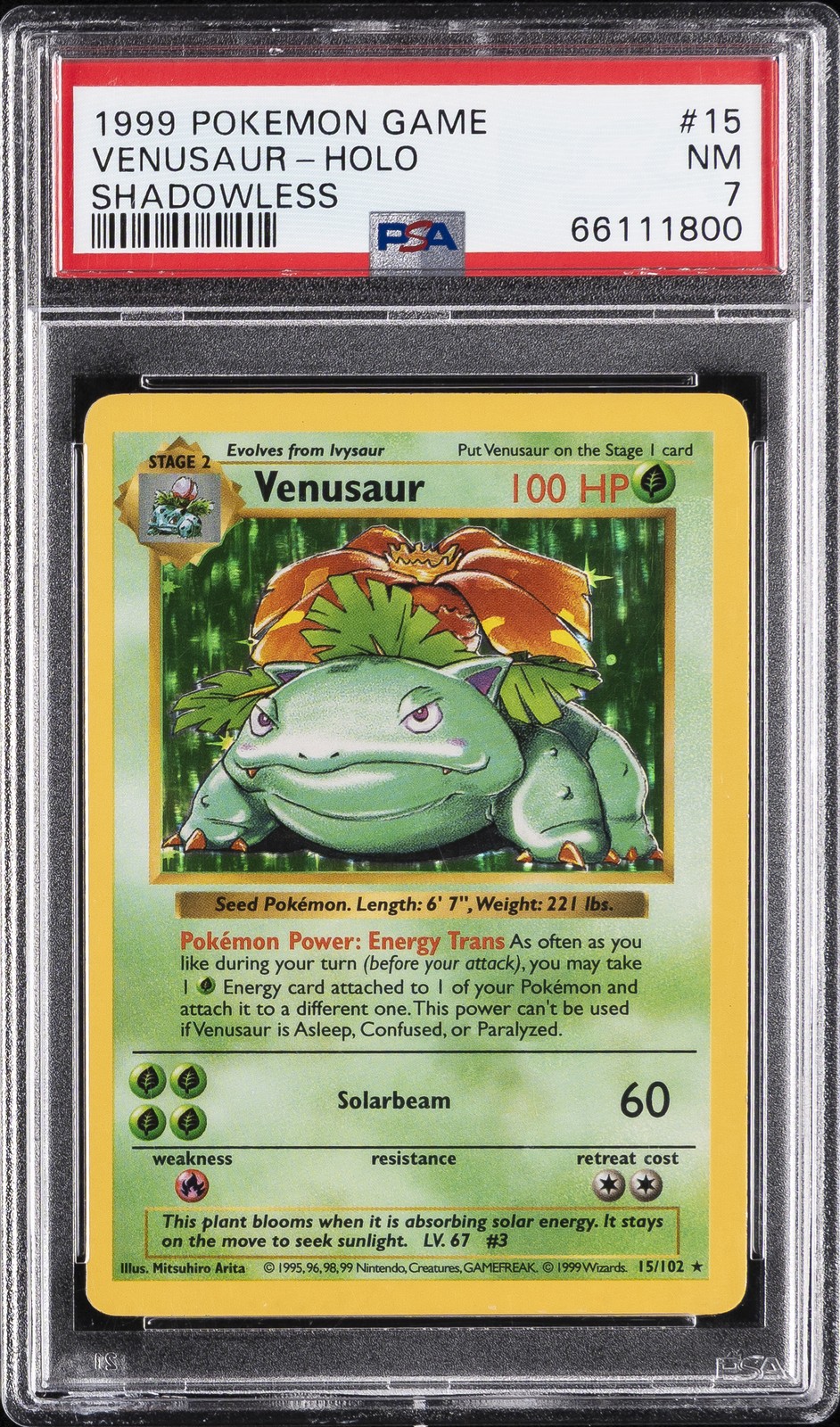 1999 POKEMON BASE SET SHADOWLESS #15 VENUSAUR-HOLO PSA 7