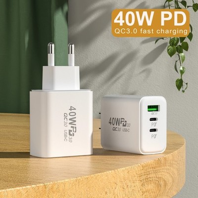 40W GaN Schnellladegerät | 2× USB-C & 1× USB-A | PD 3.0 | für iPhone Samsung