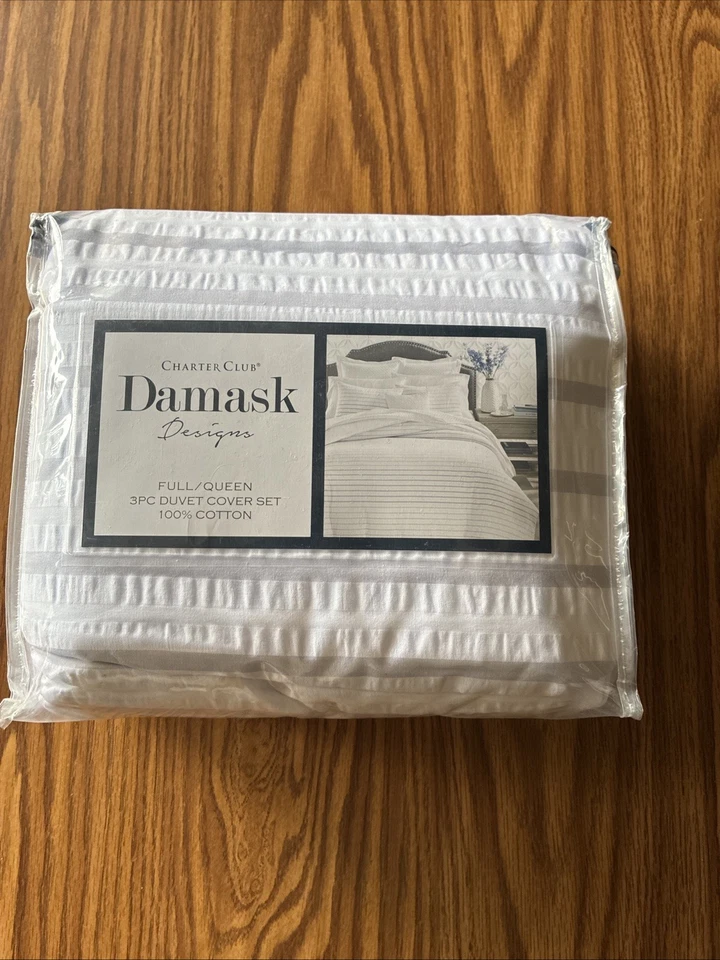 CHARTER CLUB DAMASK  SEERSUCKER OMBRE FULL/ QUEEN DUVET COVER SET BLUE GRAY - Image 2 of 3